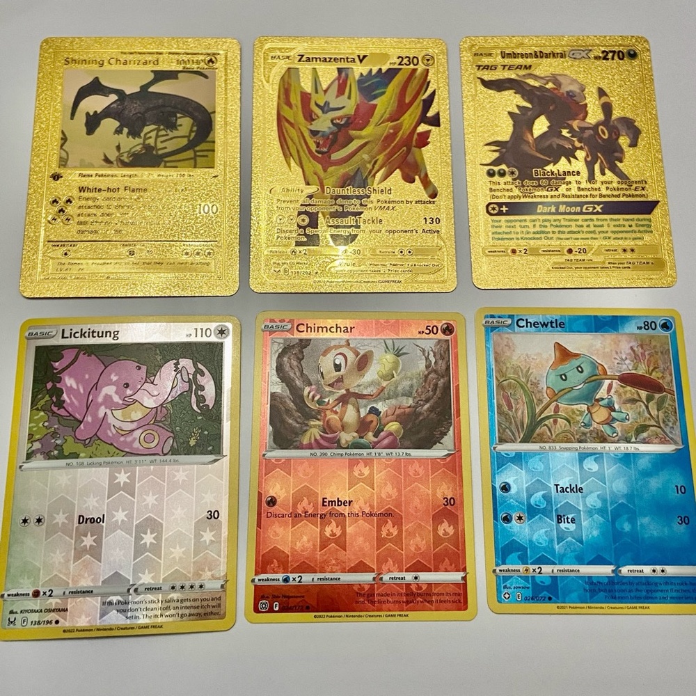 Lot (B): 3 Pokemon Reverse Holo Cards and 3 Pokemon Gold Fan Arts